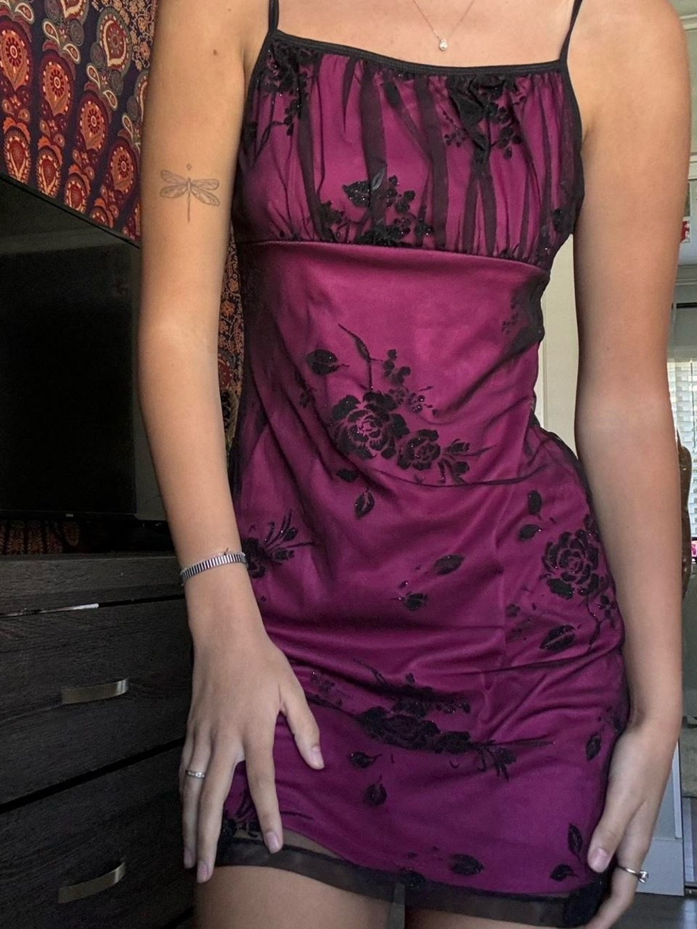 Urban Outfitters Magenta Slip Dress with Black Floral Accents